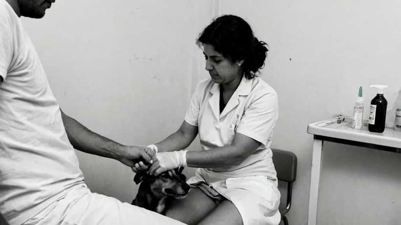 Enfermeira a tratar ferida de mordida de cão no antebraço de uma doente num centro de saúde em Lisboa