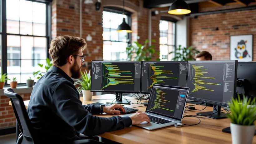 Desenvolvedor brasileiro escrevendo código Go em startup de tecnologia em São Paulo