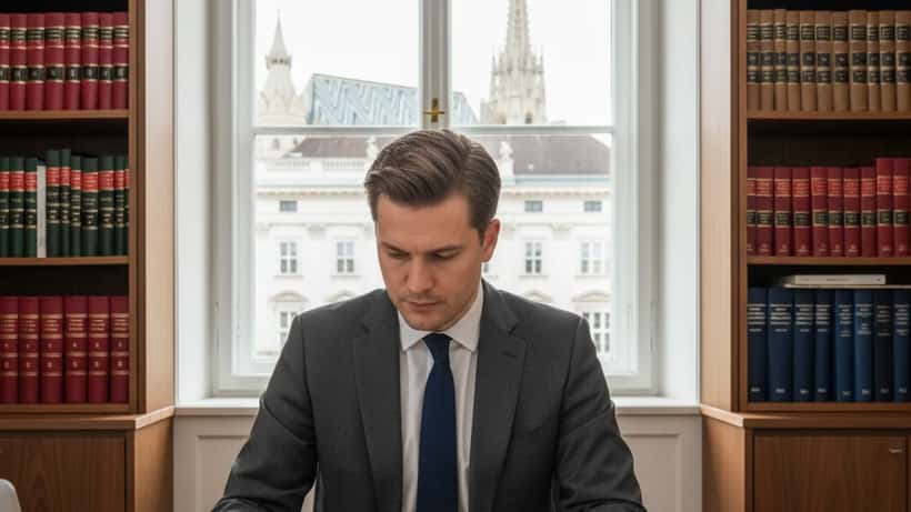 Österreichischer Mann im Anzug prüft Dokumente zur Wehrdienstform in einem Wiener Anwaltsbüro