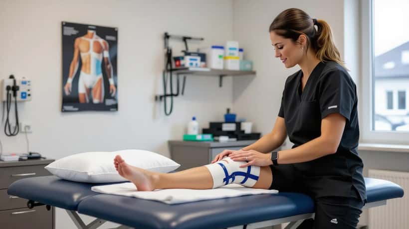 Physiothérapeute sportif examinant le genou d'un patient en clinique, bandes élastiques et glace sur la table d'examen