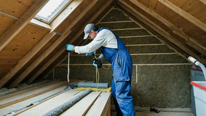 Artisan installant des panneaux d'isolation thermique dans un grenier d'une maison française à Lyon