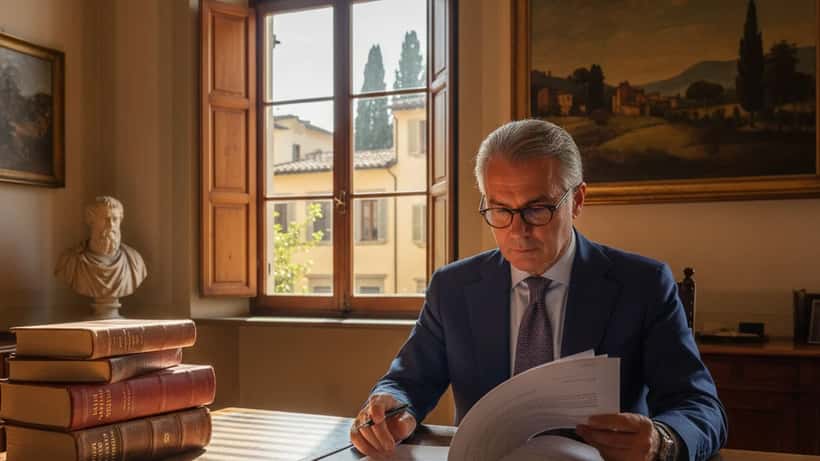 Avvocato italiano a Firenze esamina documenti sulla proprietà intellettuale, rappresentando la pianificazione successoria per artisti