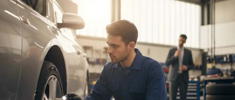 Mecânico português a inspecionar travões e pneus de um carro numa garagem profissional