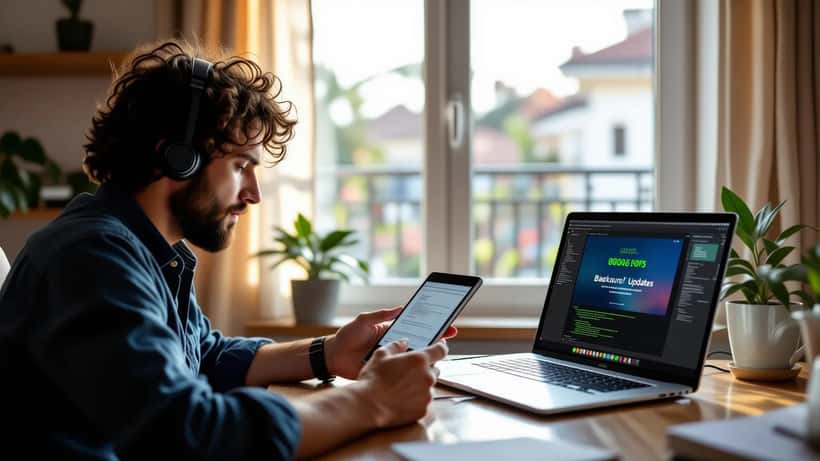 Homem verificando atualização iOS 27 no iPhone com backup no notebook