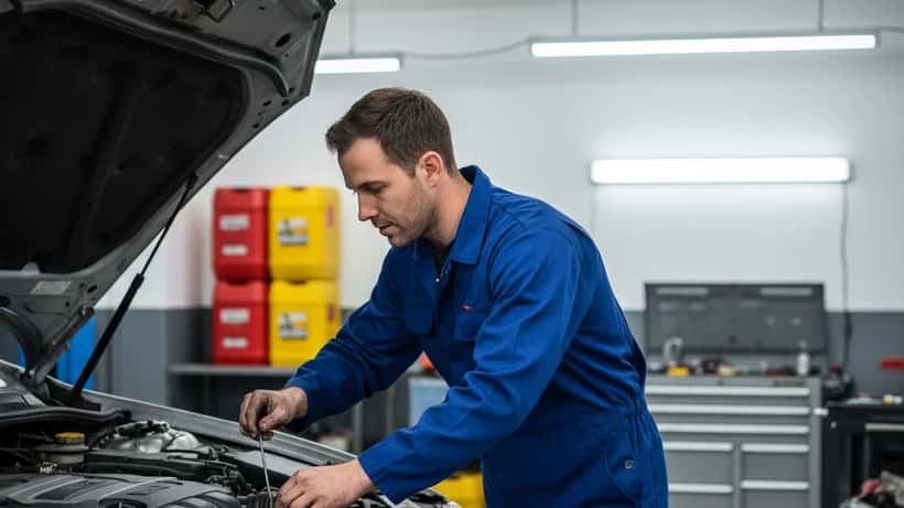 Australian mechanic inspecting car engine during fuel rationing crisis 2026
