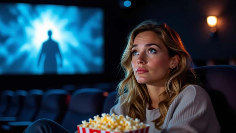 Vrouw kijkt gespannen naar een horrorfilm in een donkere bioscoopzaal, herfst 2026
