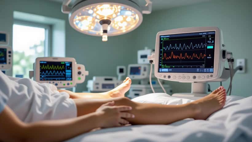 NHS sonographer performing Doppler ultrasound scan on patient's swollen leg in hospital examination room