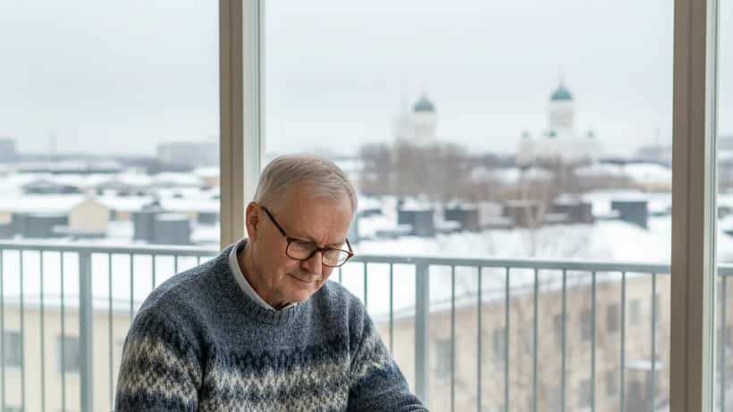 Suomalainen mies tarkastelee eläkedokumentteja Helsingissä
