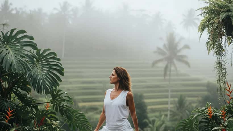 Donna italiana che pratica yoga su una terrazza tropicale a Bali, luce mattutina naturale