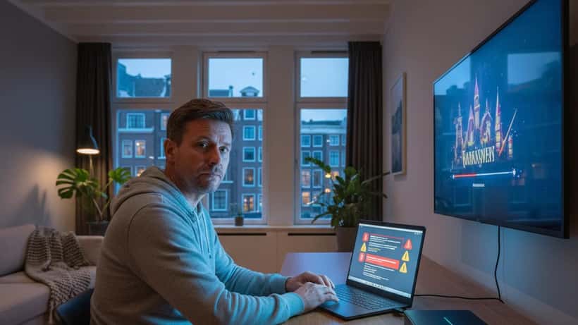 Nederlandse man kijkt bezorgd naar laptop met beveiligingswaarschuwing in Amsterdam appartement, avondlicht