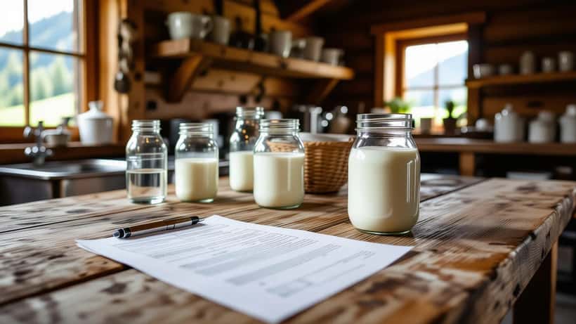 Barattolo di latte crudo su bancone di malga alpina accanto a esame del sangue con risultato E.coli STEC positivo