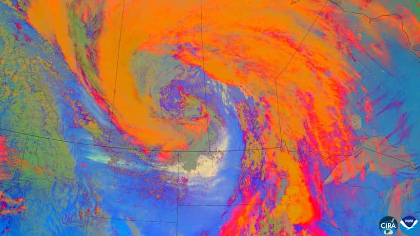 Satellite imagery of the May 14 2026 prairie dust storm over Canada from CIRA NOAA