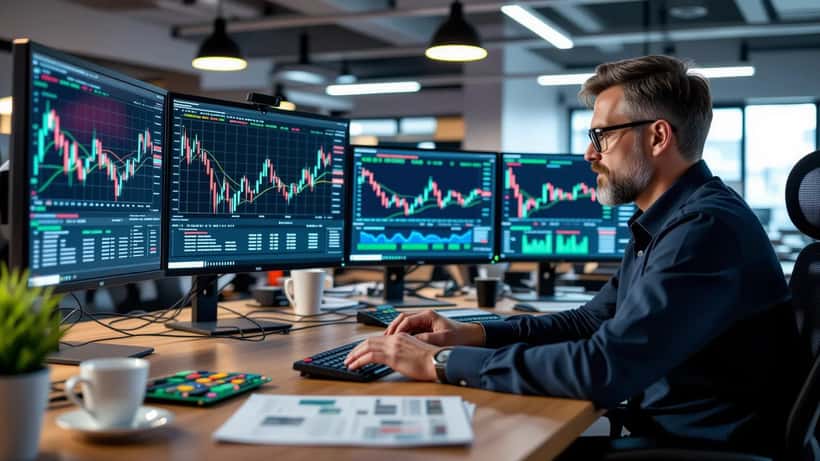 Investor analysiert Micron Technology Aktie auf Mehrfach-Monitoren in Frankfurter Homeoffice bei Nacht