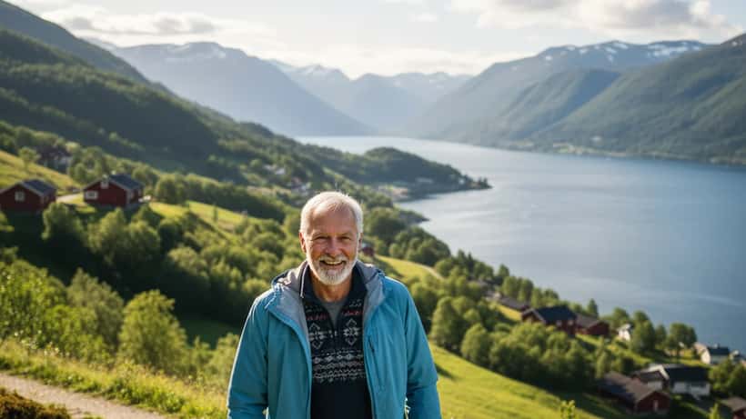 Aktiv eldre norsk mann som går langs en fjordsti nær Bergen i solskinn