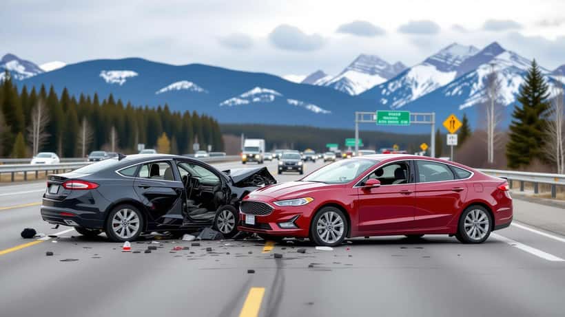 Scène d'accident de voiture sur une route canadienne illustrant les enjeux juridiques des accidents mortels
