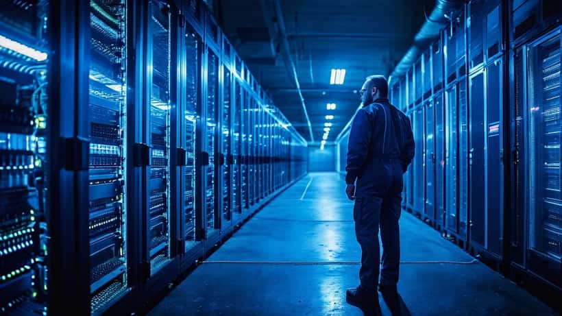 IT-verkfræðingur skoðar netþjónaraðstöðu í gagnaver á Íslandi