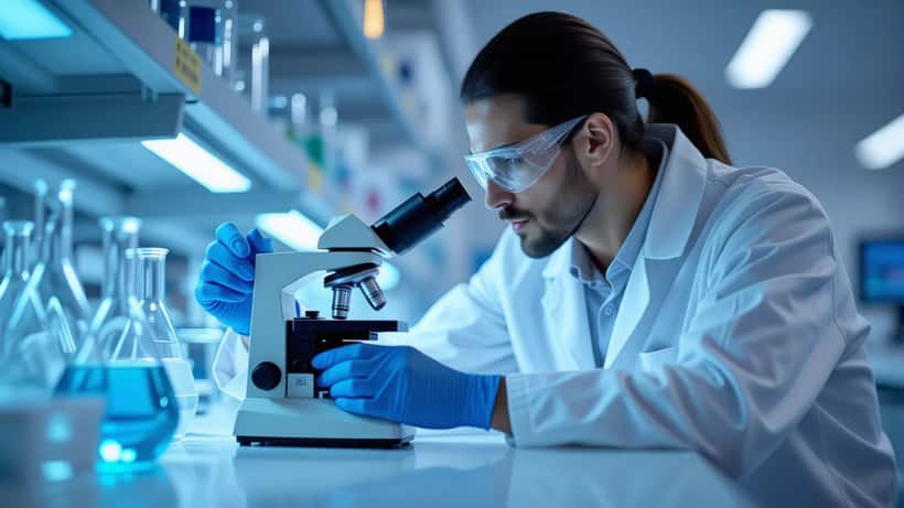 Scientist examining stomach tissue in a modern medical laboratory