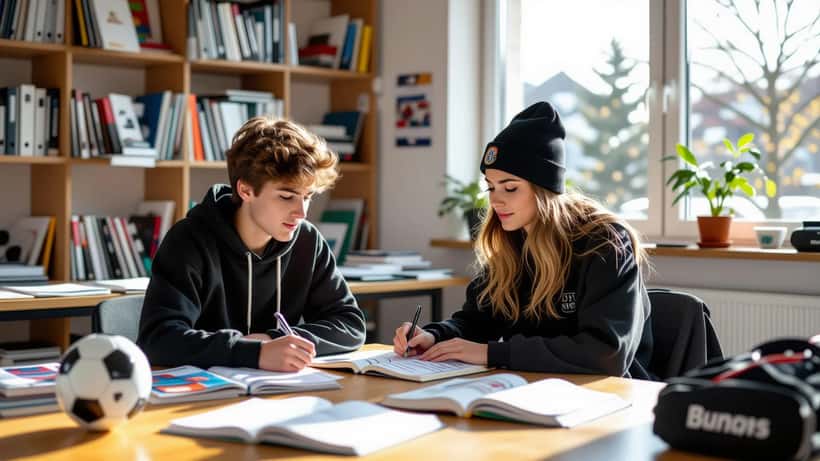 Schüler mit Sportausrüstung beim Nachhilfegespräch an einem deutschen Schreibtisch