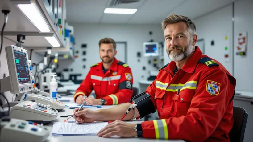 Feuerwehrmann bei der ärztlichen Tauglichkeitsuntersuchung in einer österreichischen Arztpraxis