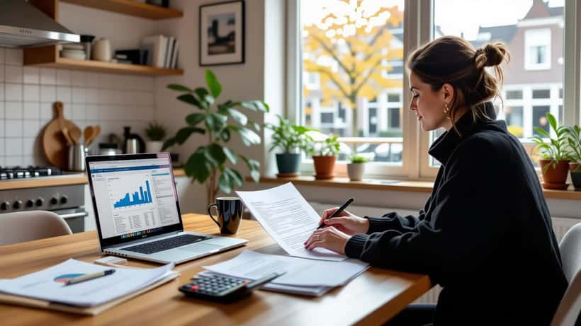 Vrouw aan keukentafel bekijkt brief van de Belastingdienst en beleggingsoverzichten