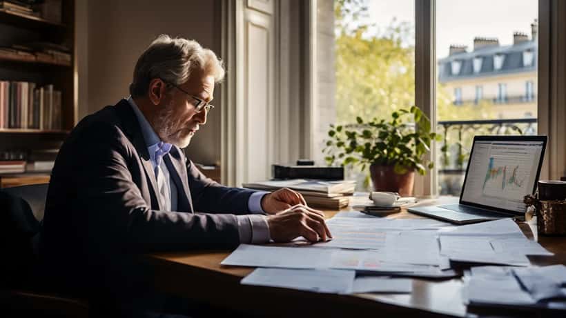 Conseiller en gestion de patrimoine analysant le cours du Bitcoin et la réglementation MiCA sur ordinateur