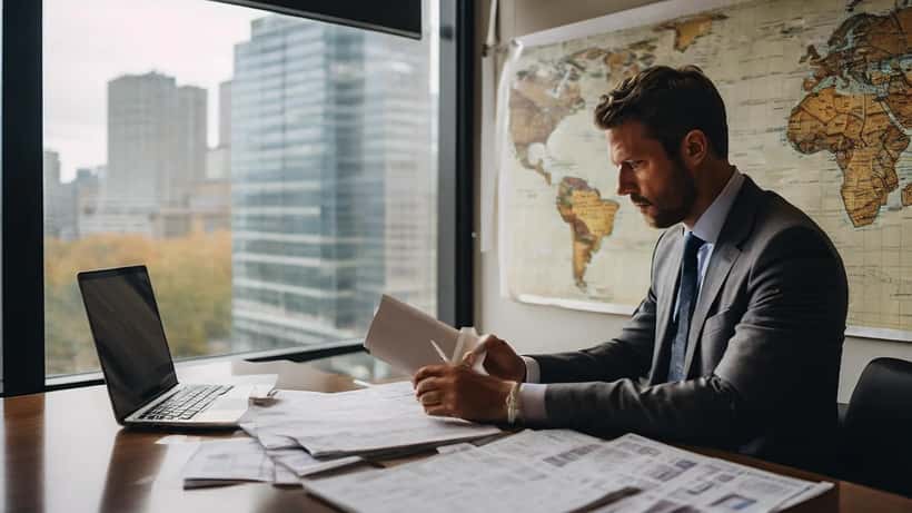 Canadian business lawyer reviewing international trade contracts at a desk with a map of Eastern Europe visible in the background
