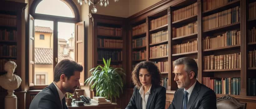 Coppia italiana in un ufficio legale che firma un contratto di convivenza con un avvocato
