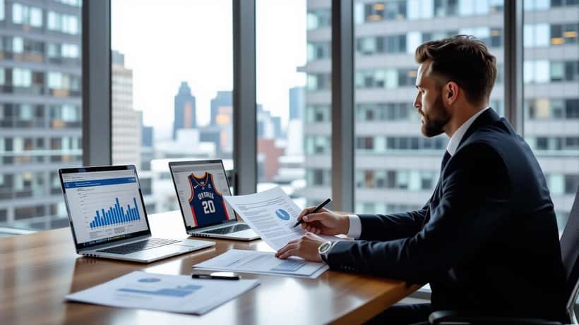 Financial advisor reviewing NBA contract documents in a Detroit high-rise office
