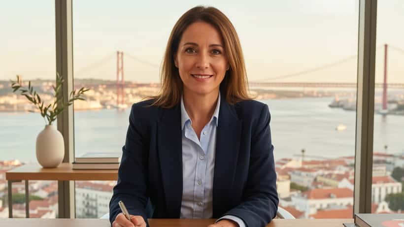 Consultora financeira portuguesa analisa opções de poupança e investimento num escritório em Lisboa