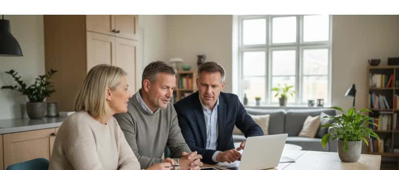 Dansk par gennemgår pensionsdokumenter med formuerådgiver i hjemmet
