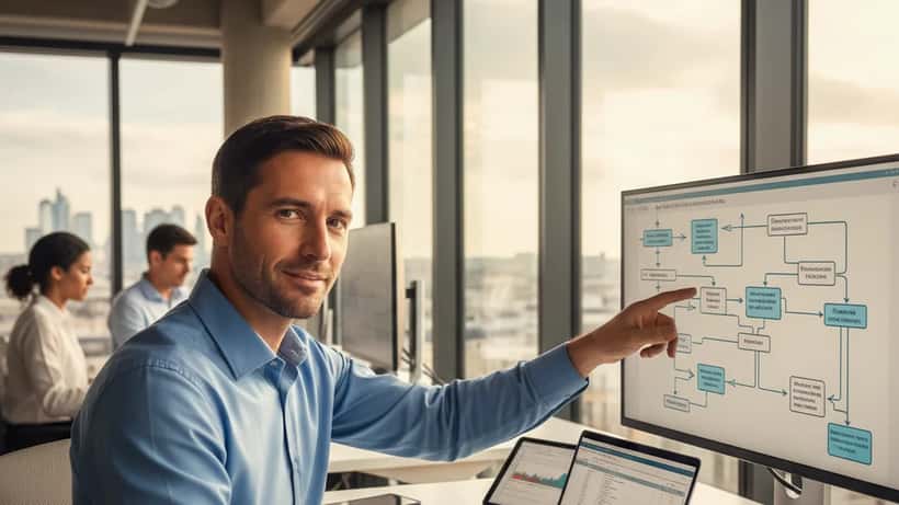 Consultant IT français présentant une architecture cloud sur écran dans un bureau parisien moderne