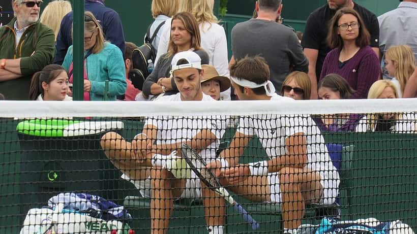 Francisco Cerundolo playing on grass at Wimbledon 2022, reflecting his Queen's Club 2026 semifinal run