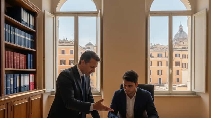 Avvocato giuslavorista spiega i diritti salariali a un lavoratore in uno studio di Roma, aprile 2026