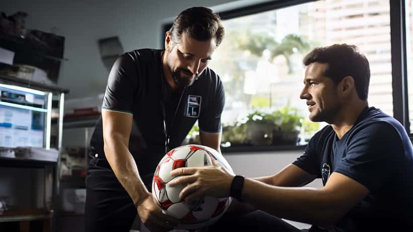 Médico esportivo examinando joelho de jogador de futebol em clínica esportiva de São Paulo com raio-x ao fundo