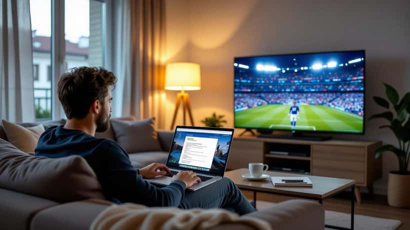 Uomo italiano in salotto che esamina una notifica di aumento prezzi DAZN sul laptop, con partita di Premier League in TV sullo sfondo