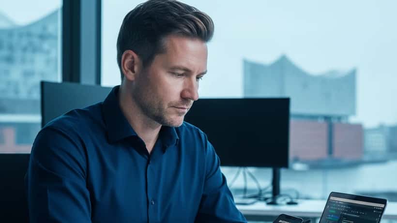 IT-Experte in Hamburg prüft Sicherheitswarnung auf Smartphone vor Laptop mit Code — Cybersicherheit im Unternehmen