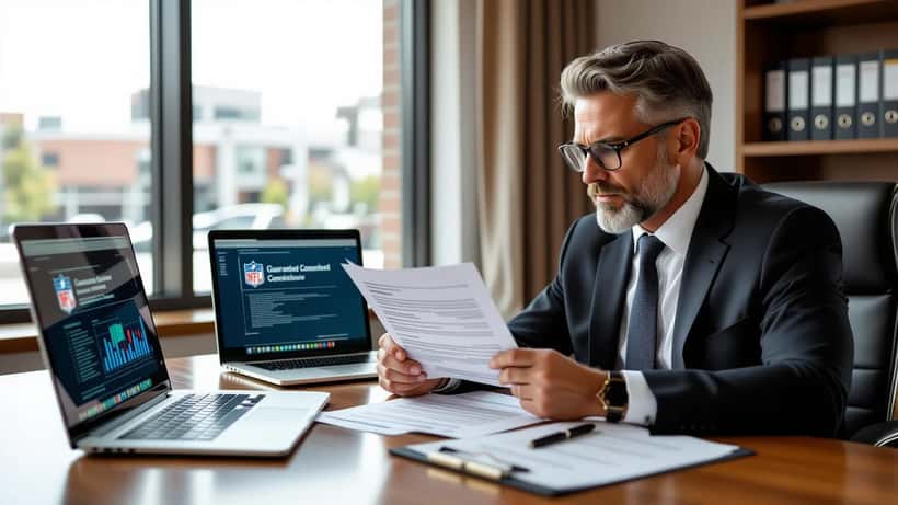 Employment attorney reviewing NFL player contract documents at conference table in Indianapolis law office