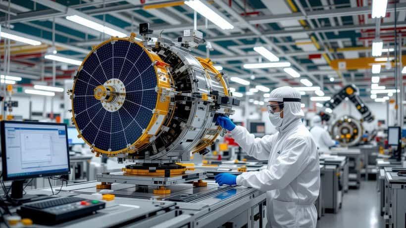 Engineers testing space hardware components in an aerospace manufacturing facility