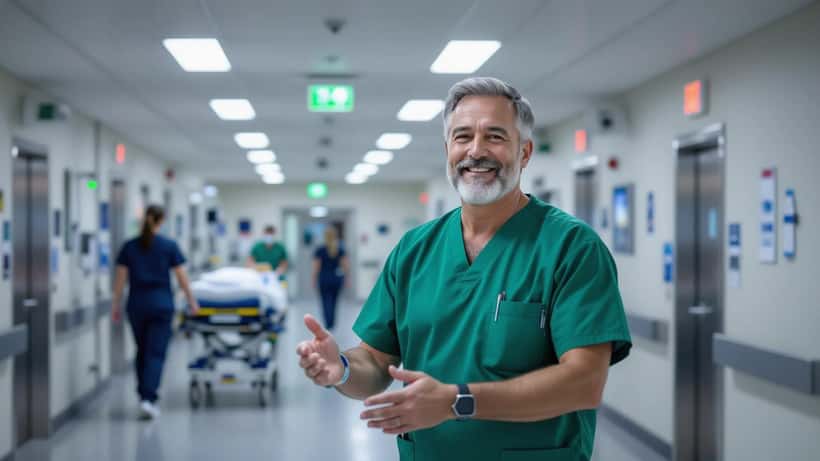 Paramédico a avaliar doente com sinais de AVC no corredor de urgência hospitalar em Lisboa