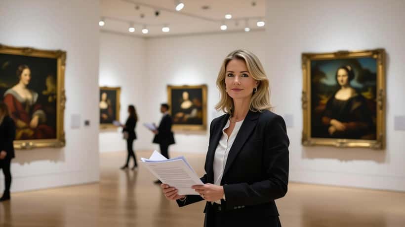 Professional woman holding legal documents in a London art gallery at night, shadowy figures near entrance