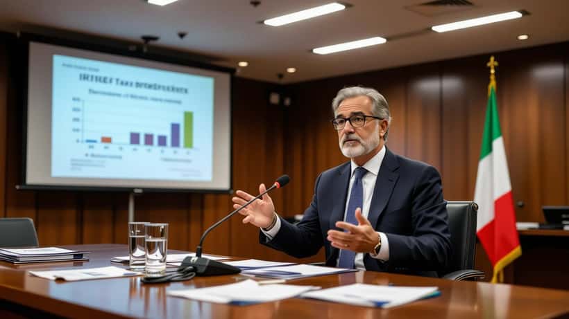 Politico italiano alla conferenza stampa della manovra 2027 a Roma con documenti fiscali e bandiera italiana