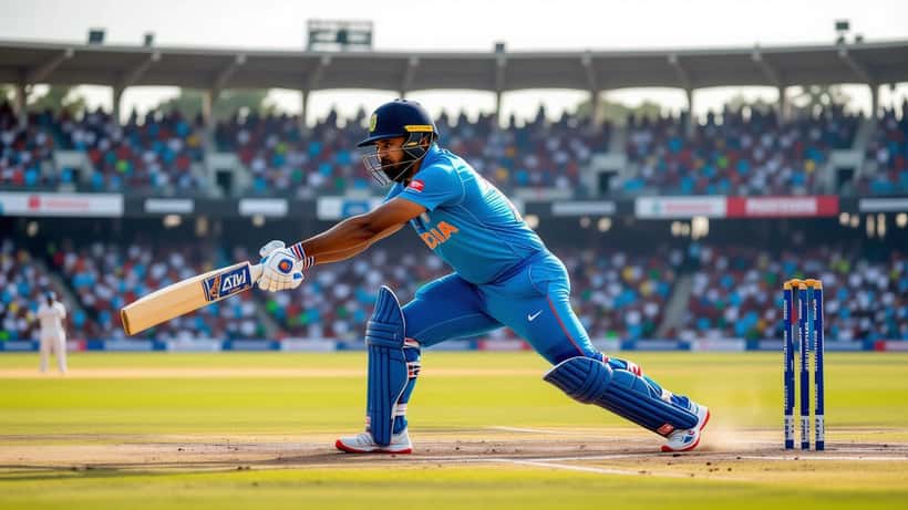 Indian cricketer completing a cover drive in ODI match, stadium crowd in background