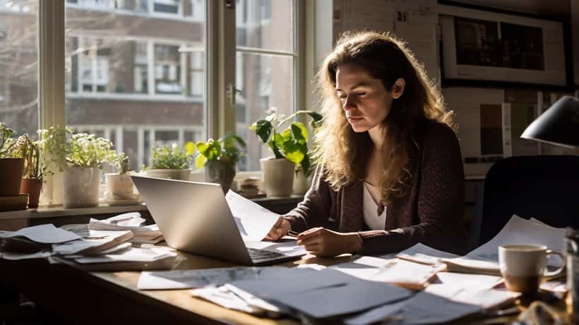 Nederlandse zelfstandige ondernemer aan bureau met belastingformulieren en laptop met jaarrekening in thuiskantoor Amsterdam