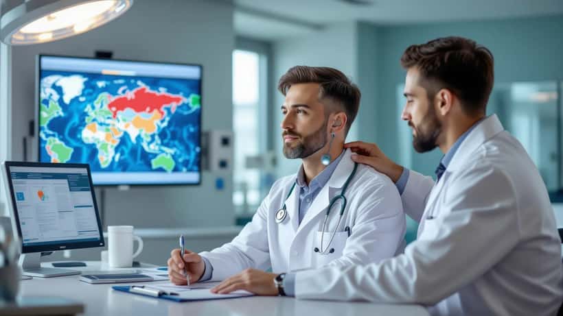 Travel medicine physician examining patient neck lymph nodes in a Canadian clinic with world map highlighting Russia and Central Asia outbreak zone