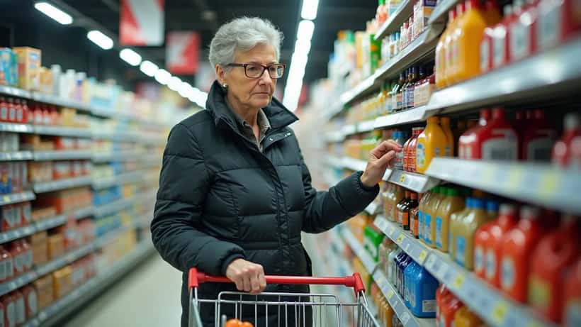 Consommatrice suisse choisissant des produits européens dans un supermarché genevois