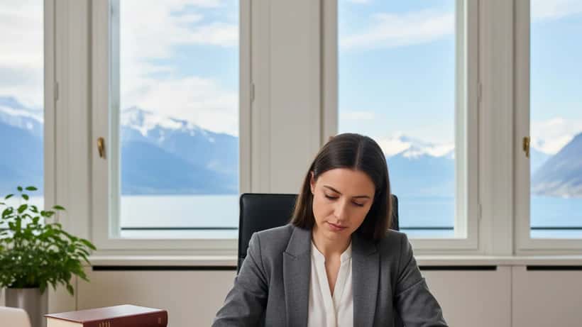 Avocate suisse en blazer gris révisant des documents juridiques dans un bureau moderne à Genève