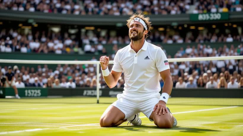 Tennis player kneeling on grass court in emotional celebration at Wimbledon 2026