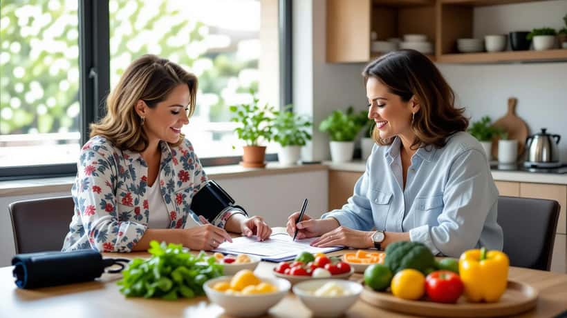 Mujer latina consultando con dietista sobre alimentación saludable y nuevas guías nutricionales EE.UU. 2026