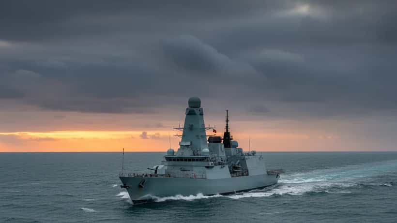 Royal Navy Type 45 destroyer HMS Dragon sailing in the Mediterranean Sea at dawn