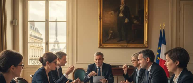 Réunion politique française avec des membres en débat intense autour d'une table